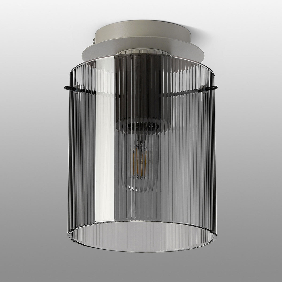 Belstone Fine Ribbed Round Flush Ceiling Light in Beige Stone with Smoke Glass