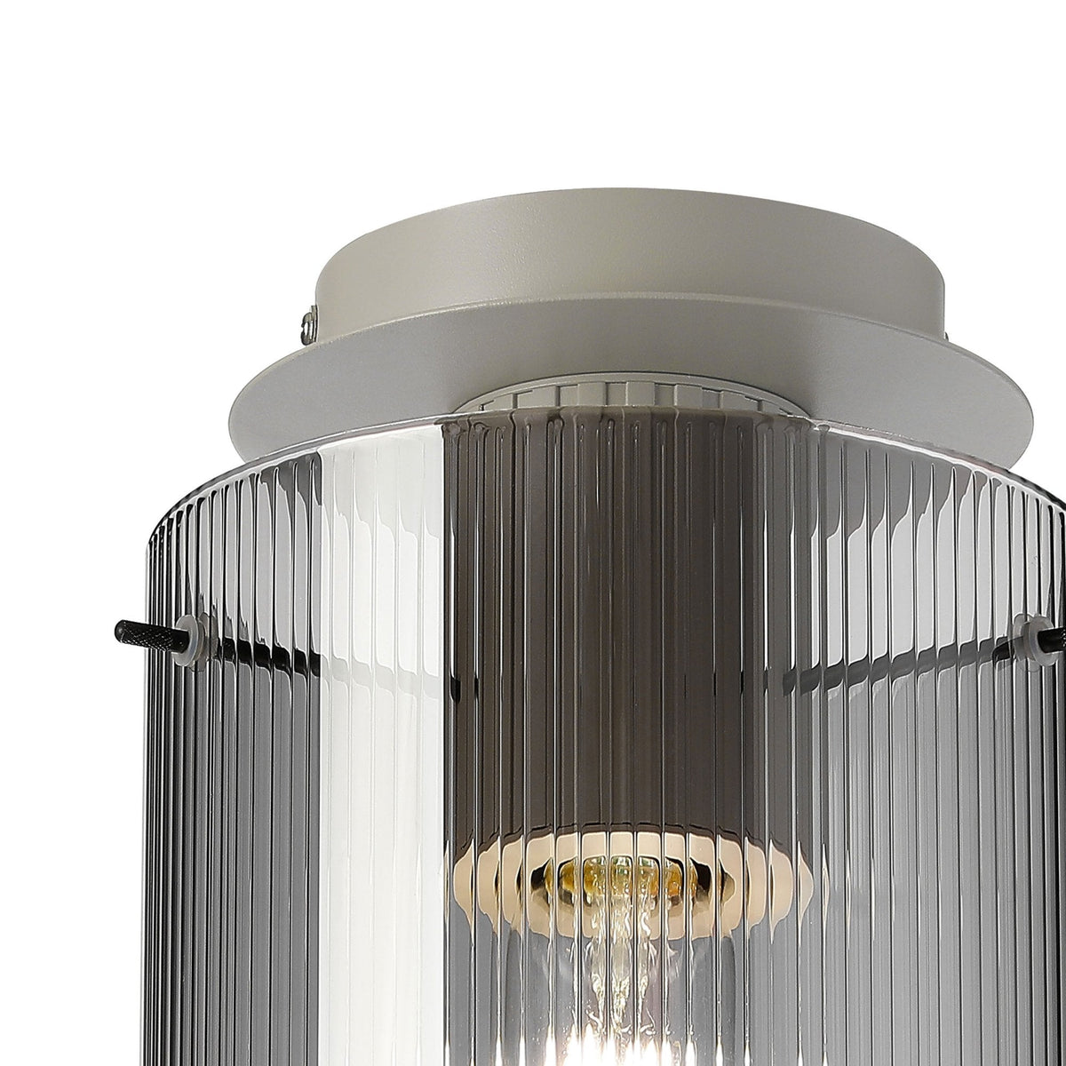 Belstone Fine Ribbed Round Flush Ceiling Light in Beige Stone with Smoke Glass