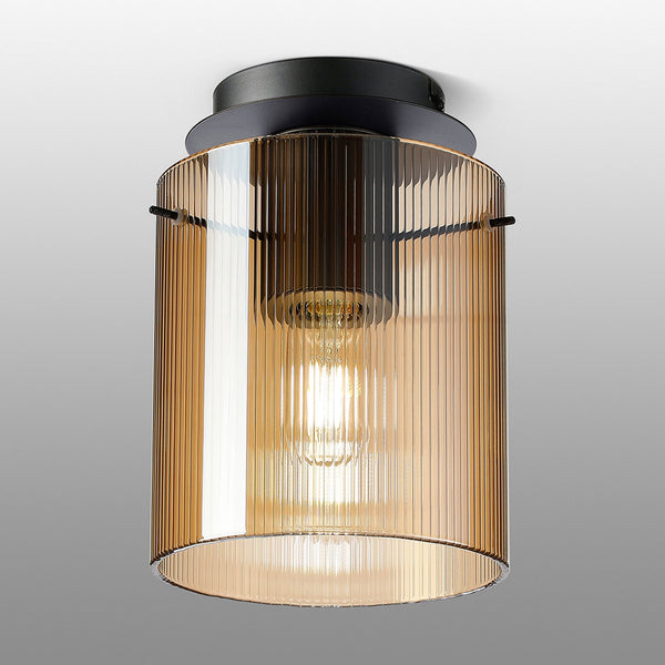 Belstone Fine Ribbed Round Flush Ceiling Light in Dark Grey with Amber Glass