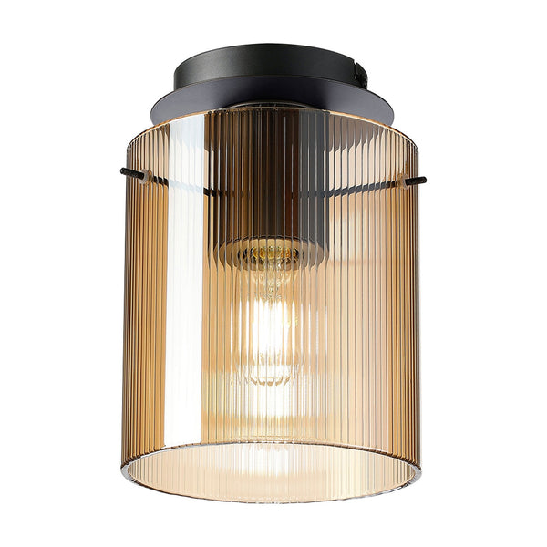 Belstone Fine Ribbed Round Flush Ceiling Light in Dark Grey with Amber Glass