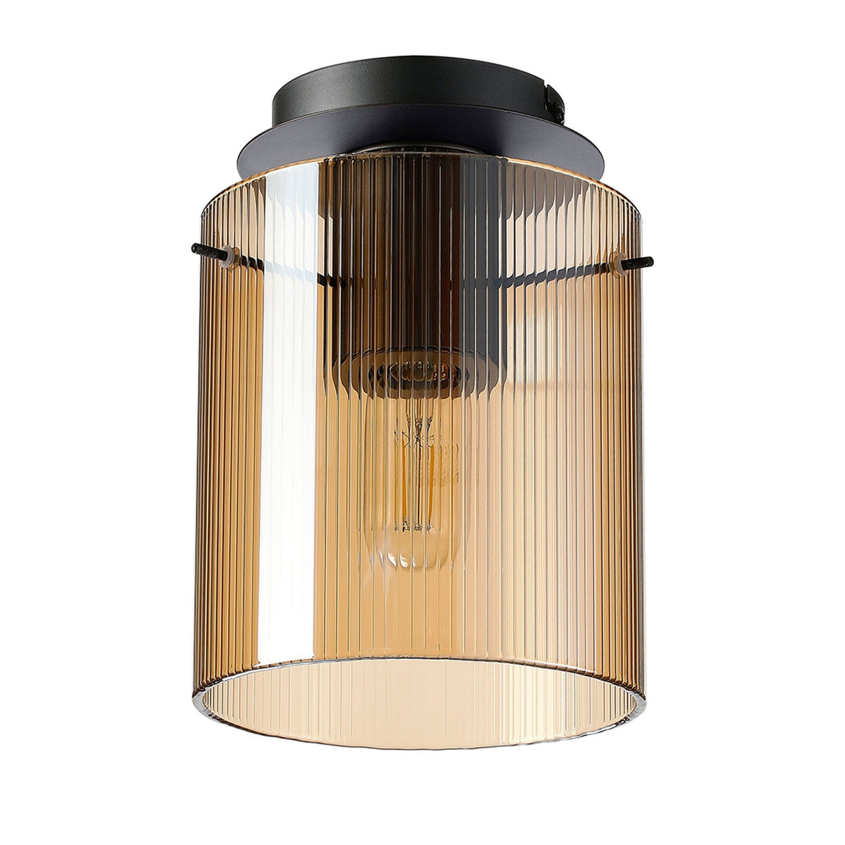 Belstone Fine Ribbed Round Flush Ceiling Light in Dark Grey with Amber Glass
