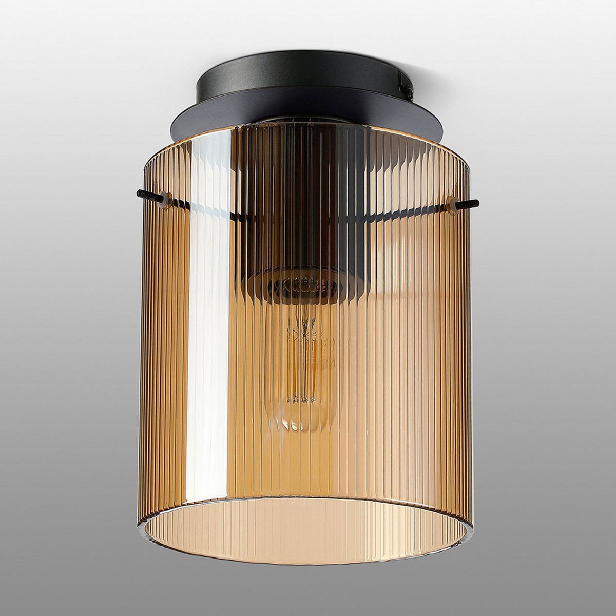 Belstone Fine Ribbed Round Flush Ceiling Light in Dark Grey with Amber Glass