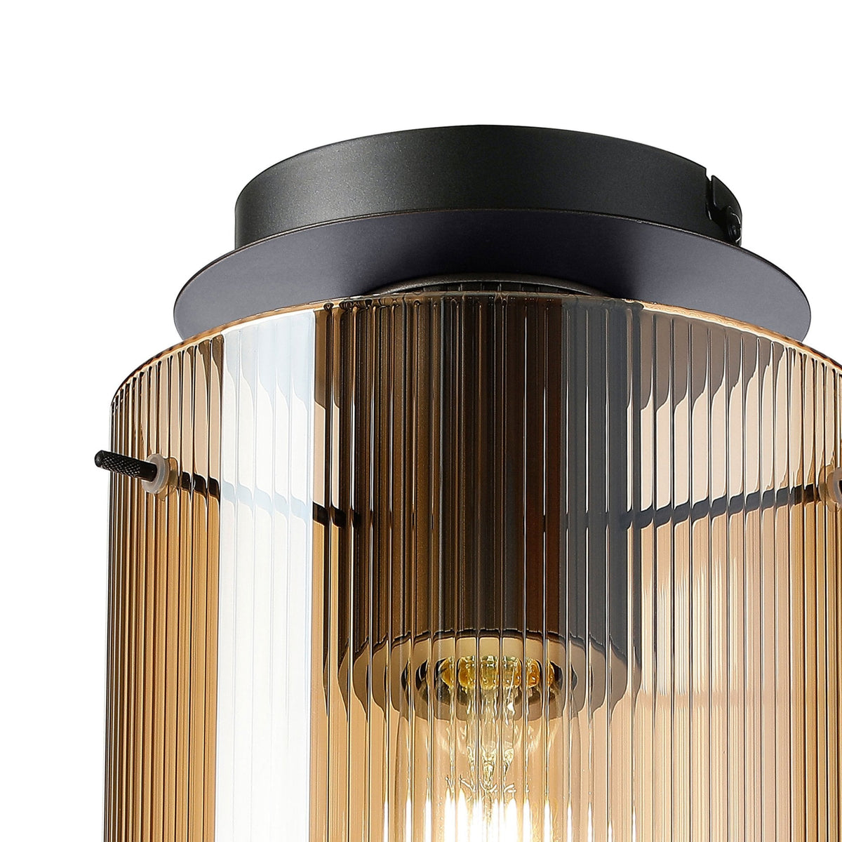 Belstone Fine Ribbed Round Flush Ceiling Light in Dark Grey with Amber Glass