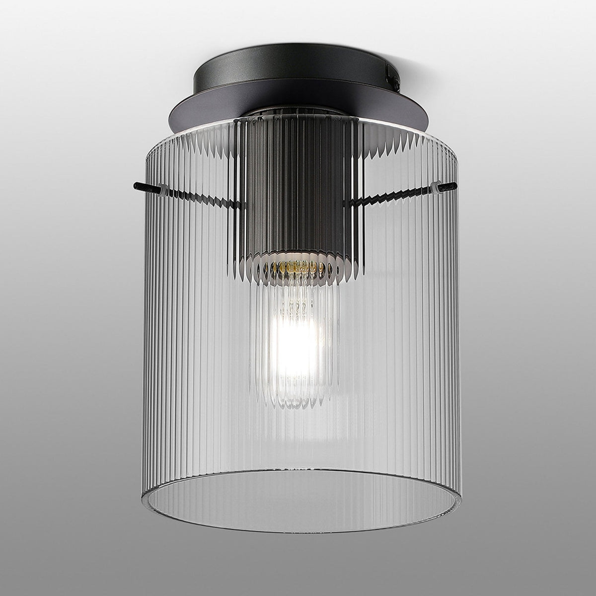 Belstone Fine Ribbed Round Flush Ceiling Light in Dark Grey with Clear Glass
