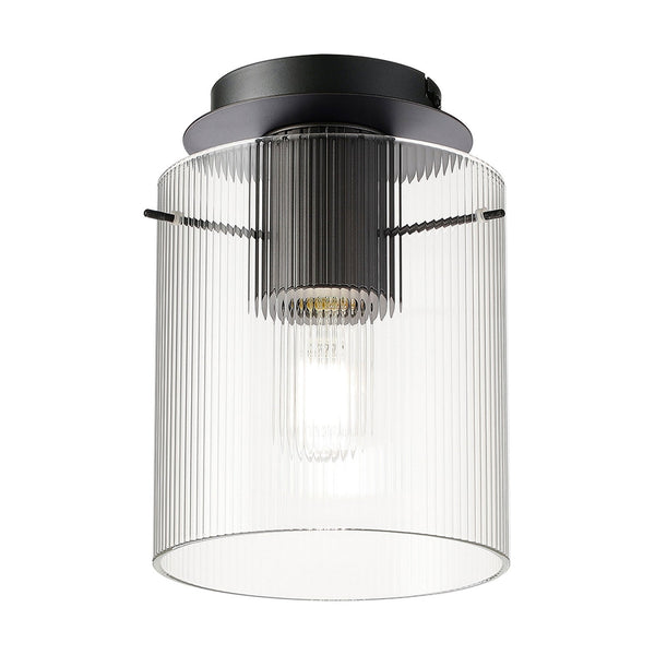 Belstone Fine Ribbed Round Flush Ceiling Light in Dark Grey with Clear Glass