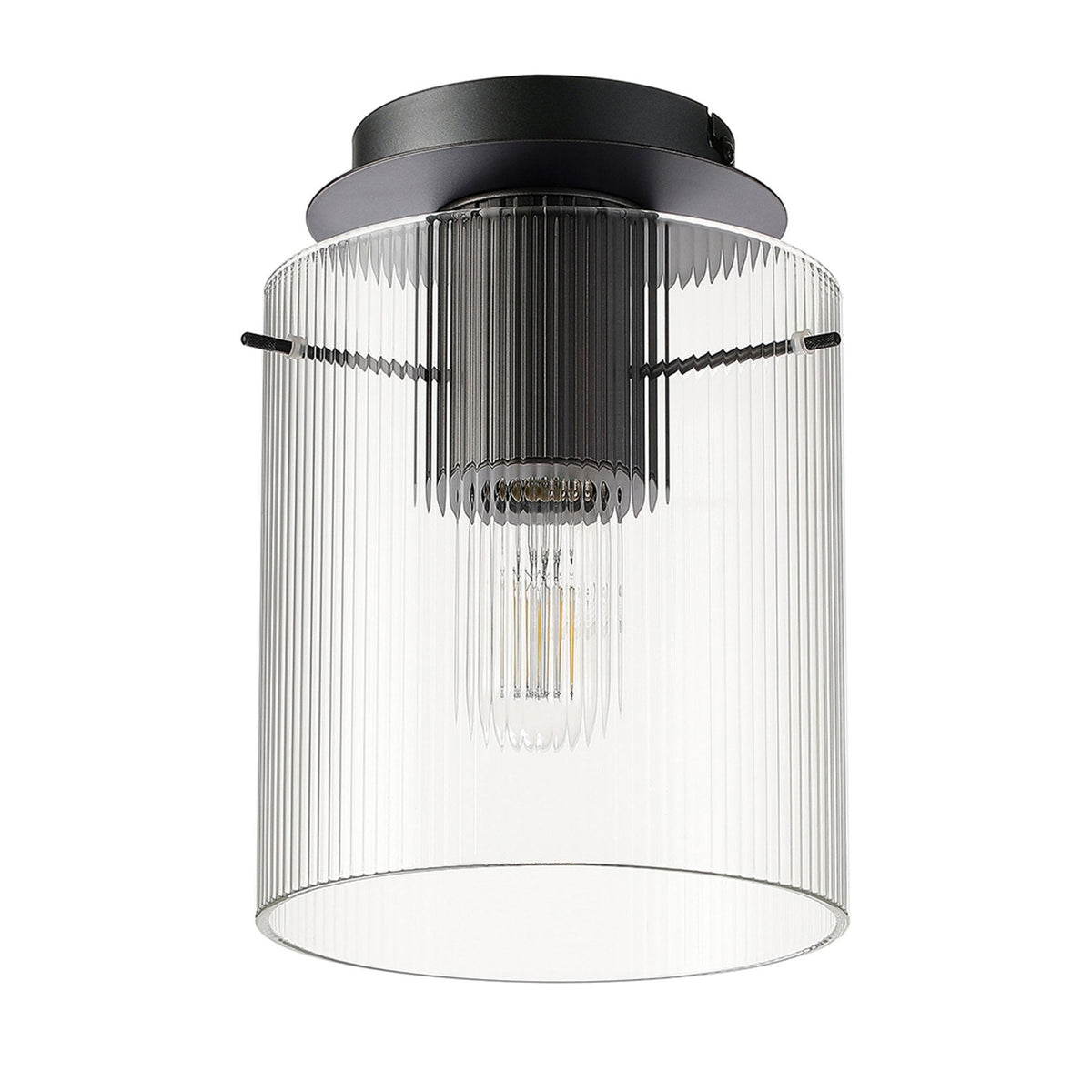 Belstone Fine Ribbed Round Flush Ceiling Light in Dark Grey with Clear Glass