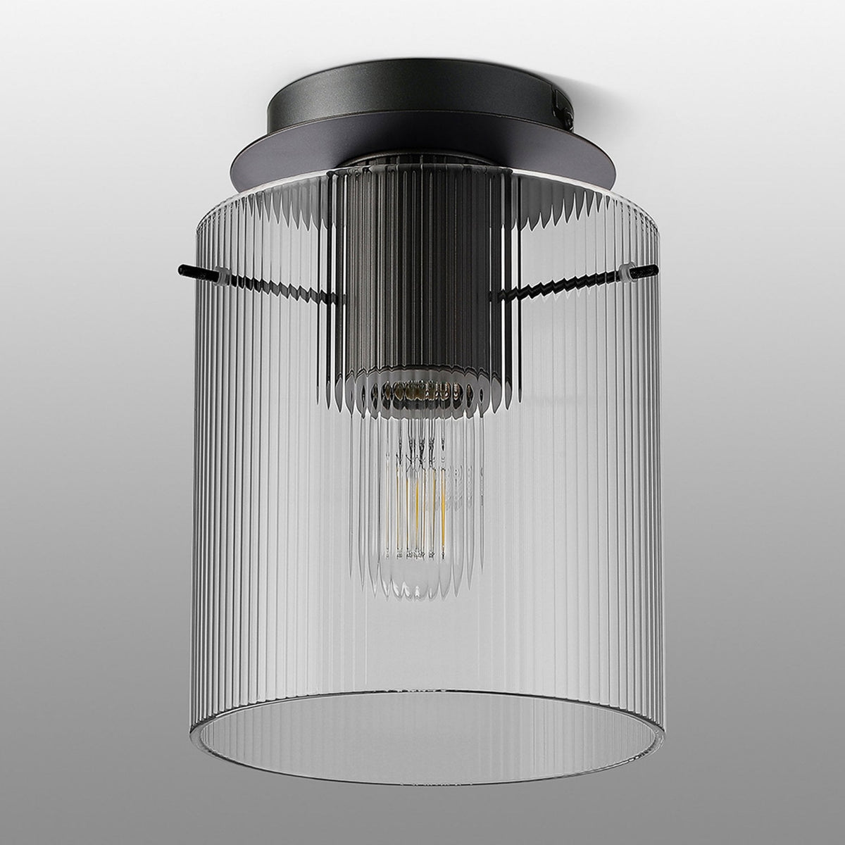 Belstone Fine Ribbed Round Flush Ceiling Light in Dark Grey with Clear Glass