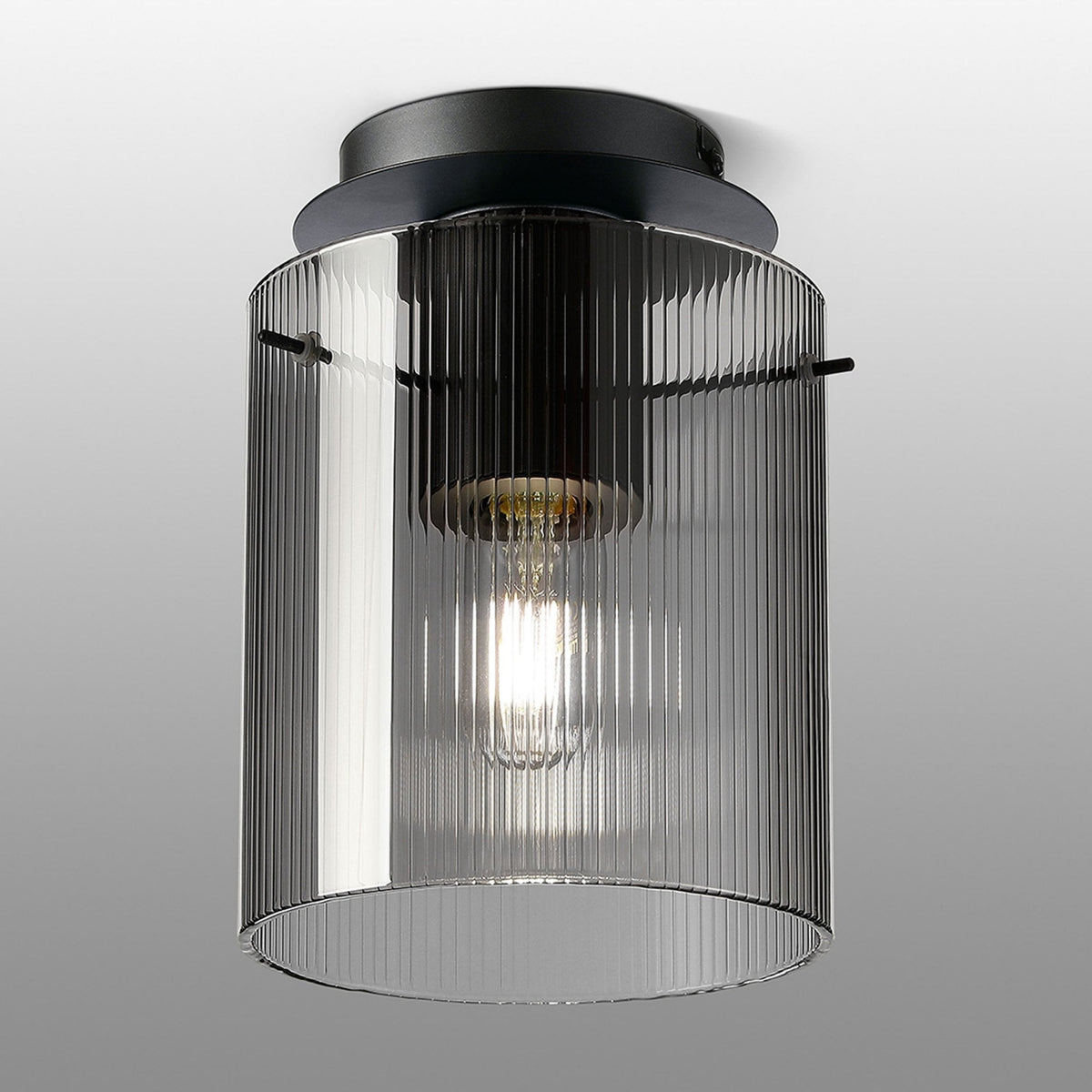 Belstone Fine Ribbed Round Flush Ceiling Light in Dark Grey with Smoke Glass