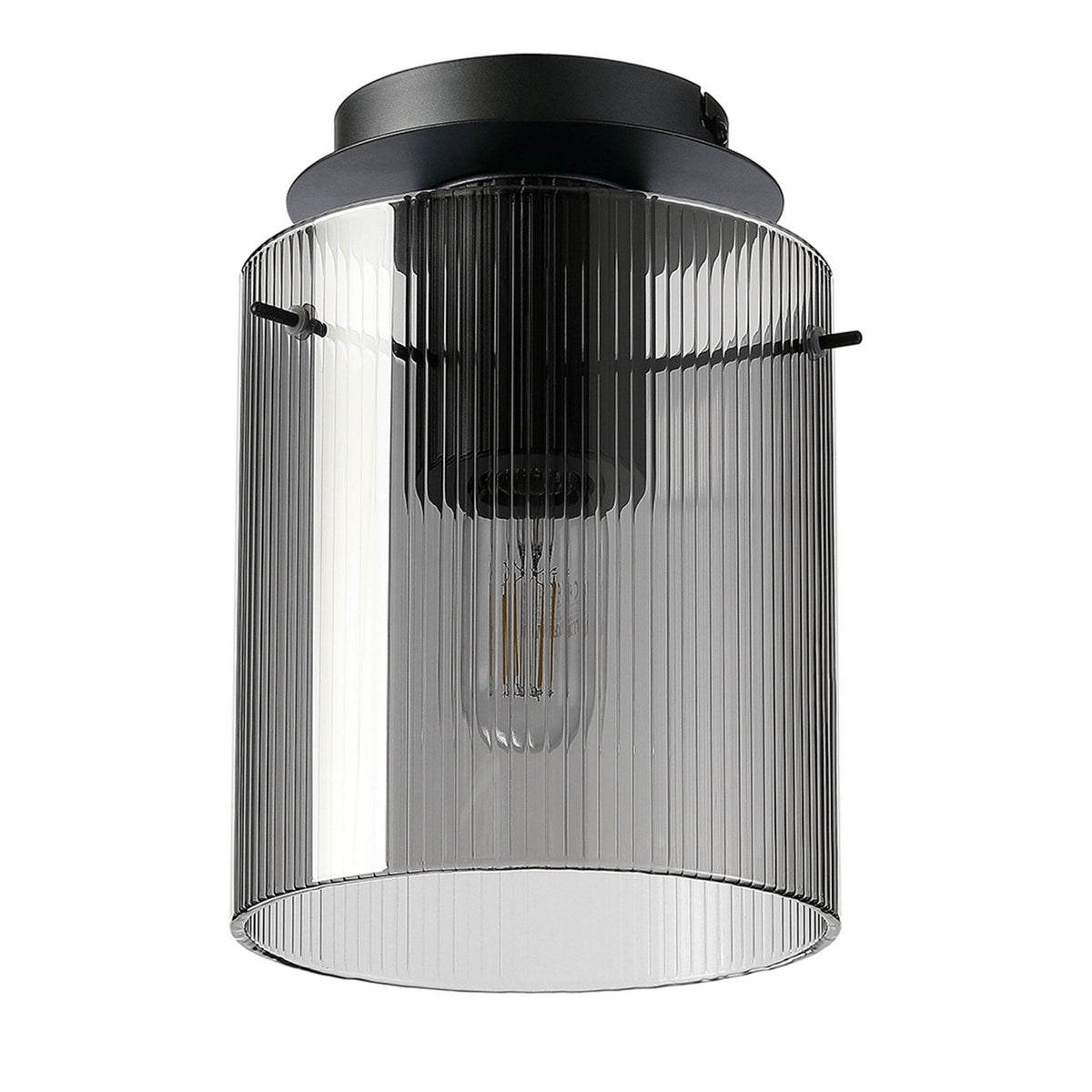 Belstone Fine Ribbed Round Flush Ceiling Light in Dark Grey with Smoke Glass