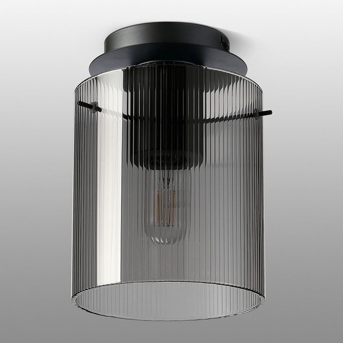 Belstone Fine Ribbed Round Flush Ceiling Light in Dark Grey with Smoke Glass