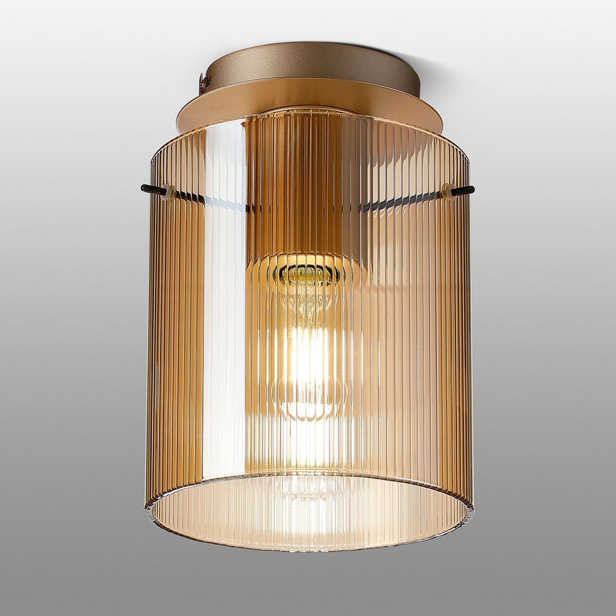 Belstone Fine Ribbed Round Flush Ceiling Light in Light Gold with Amber Glass