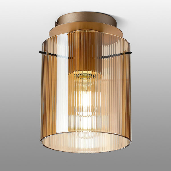 Belstone Fine Ribbed Round Flush Ceiling Light in Light Gold with Amber Glass