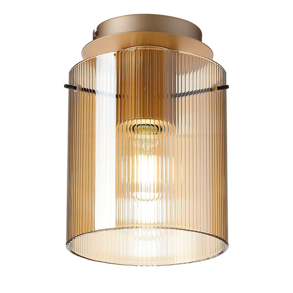 Belstone Fine Ribbed Round Flush Ceiling Light in Light Gold with Amber Glass