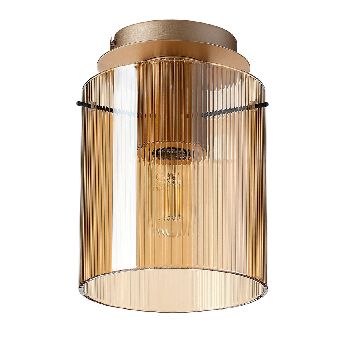 Belstone Fine Ribbed Round Flush Ceiling Light in Light Gold with Amber Glass