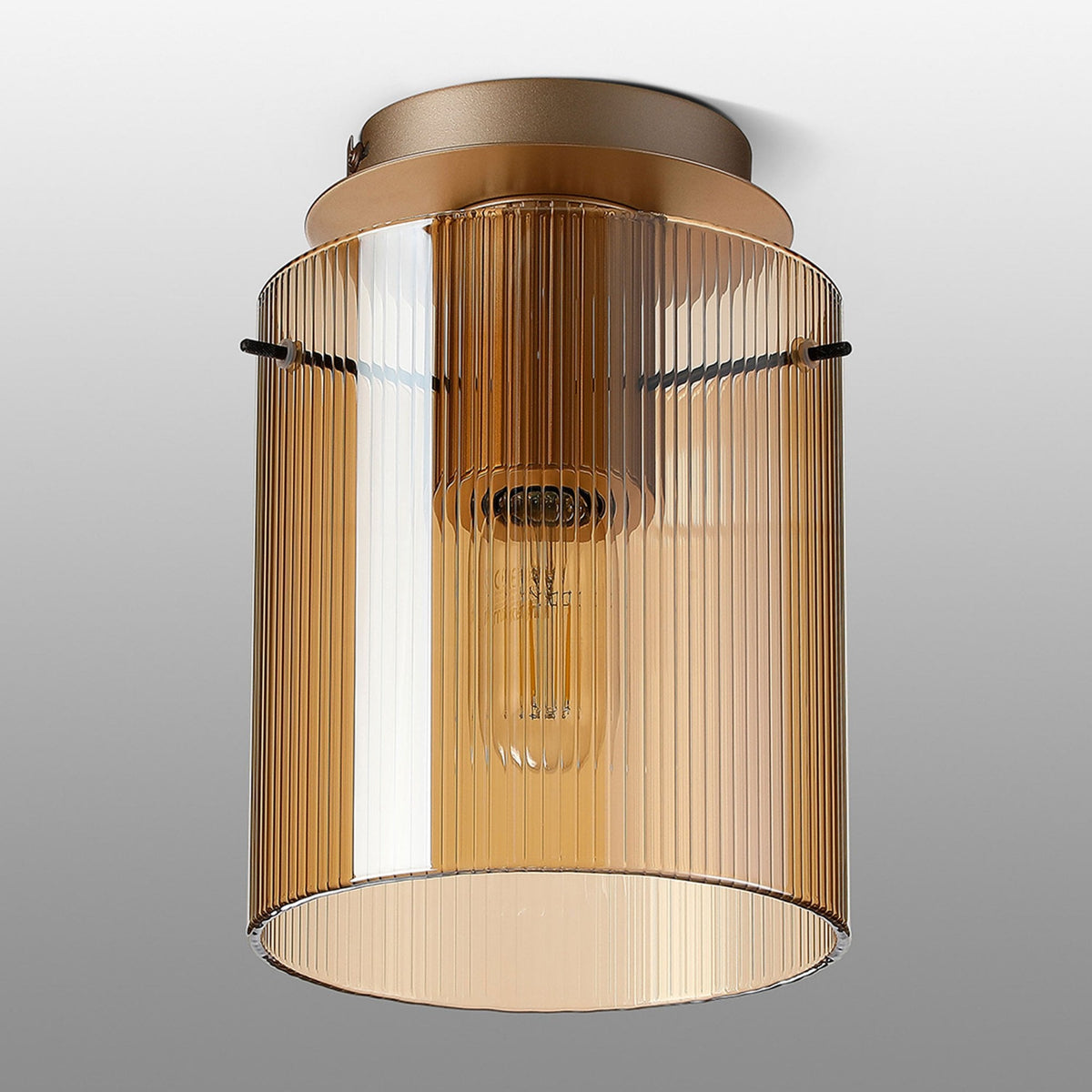 Belstone Fine Ribbed Round Flush Ceiling Light in Light Gold with Amber Glass