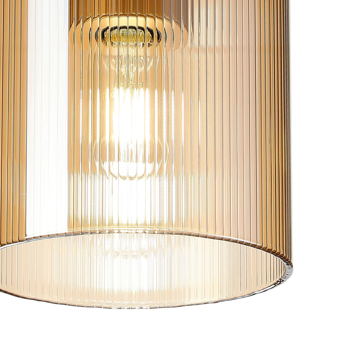 Belstone Fine Ribbed Round Flush Ceiling Light in Light Gold with Amber Glass