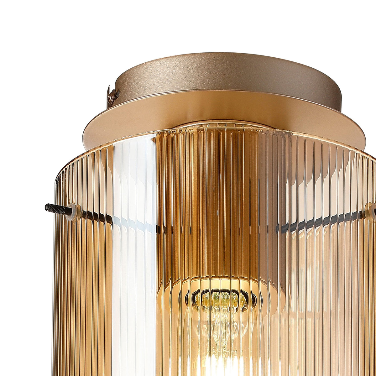 Belstone Fine Ribbed Round Flush Ceiling Light in Light Gold with Amber Glass