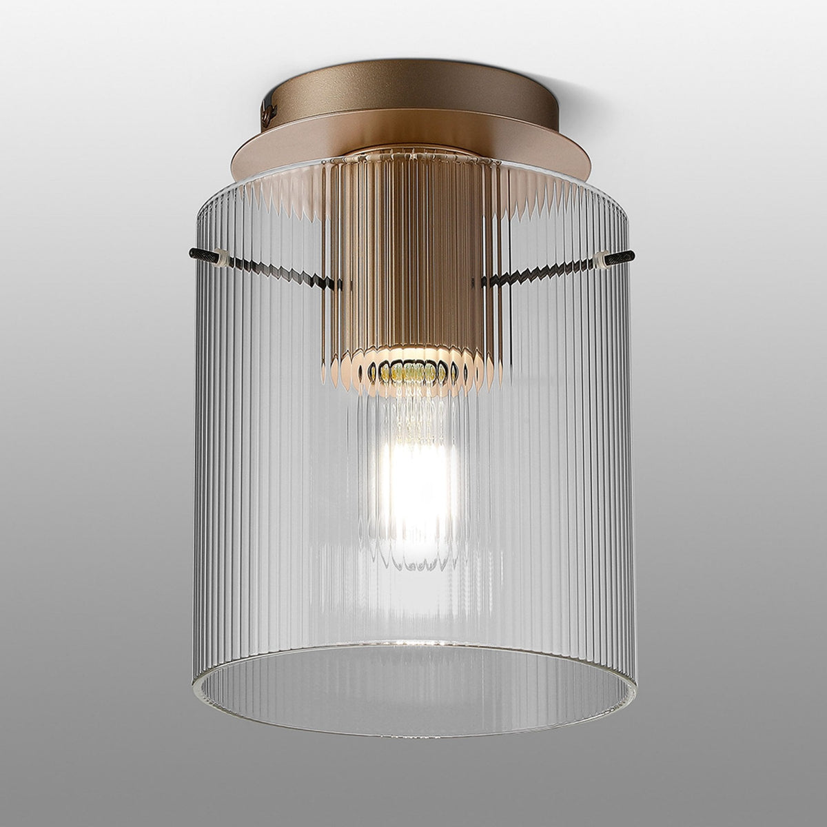 Belstone Fine Ribbed Round Flush Ceiling Light in Light Gold with Clear Glass