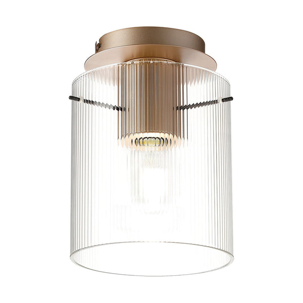 Belstone Fine Ribbed Round Flush Ceiling Light in Light Gold with Clear Glass