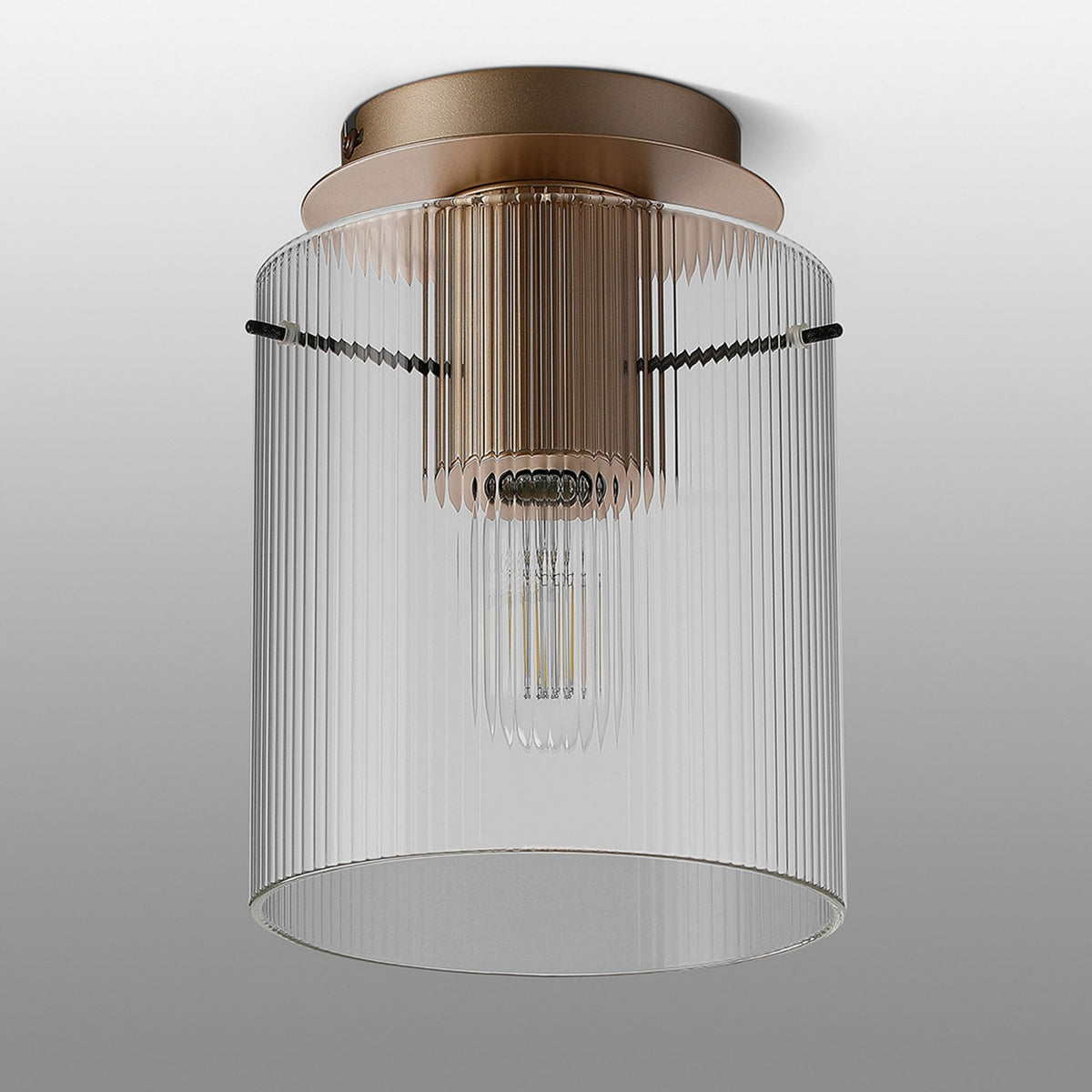 Belstone Fine Ribbed Round Flush Ceiling Light in Light Gold with Clear Glass