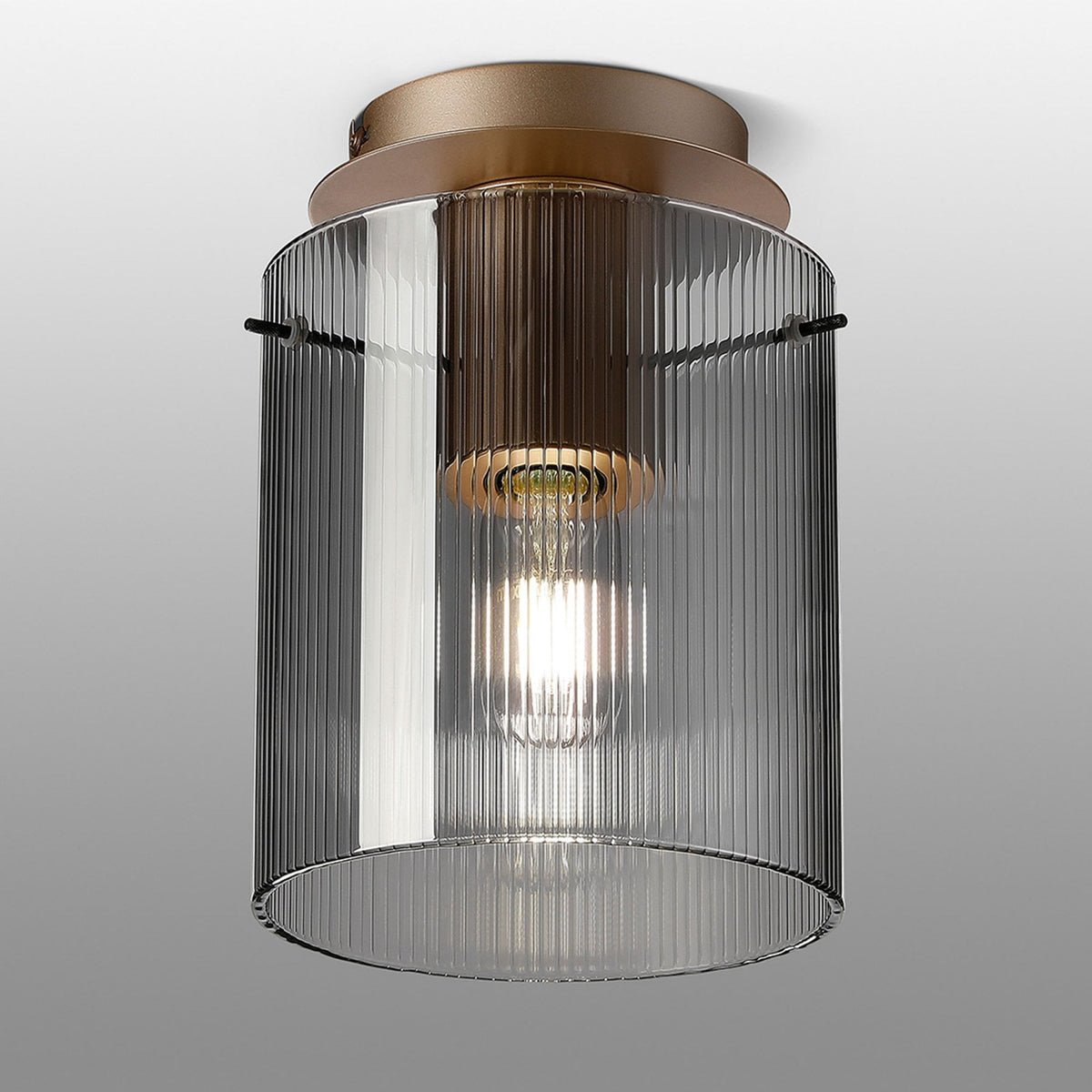 Belstone Fine Ribbed Round Flush Ceiling Light in Light Gold with Smoke Glass