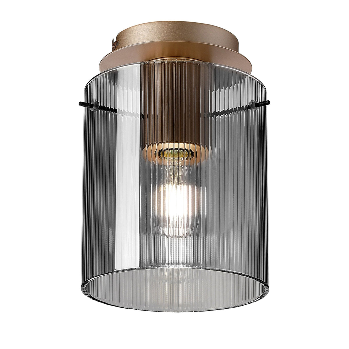 Belstone Fine Ribbed Round Flush Ceiling Light in Light Gold with Smoke Glass
