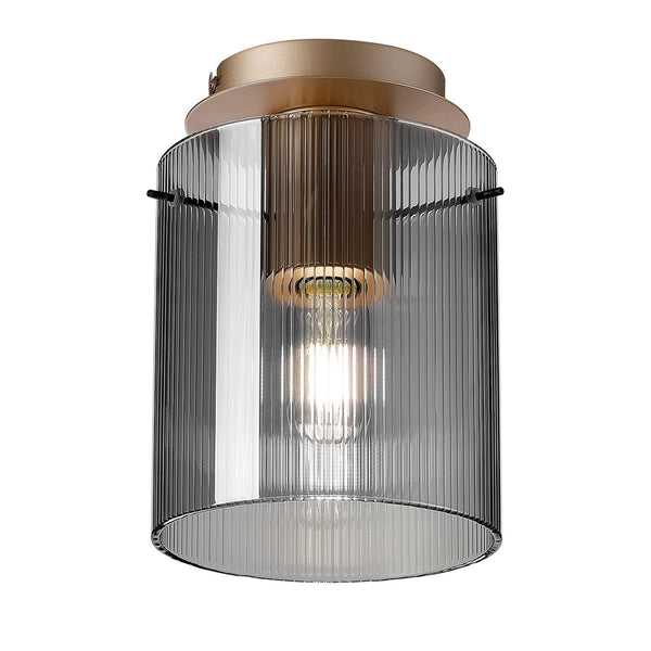 Belstone Fine Ribbed Round Flush Ceiling Light in Light Gold with Smoke Glass