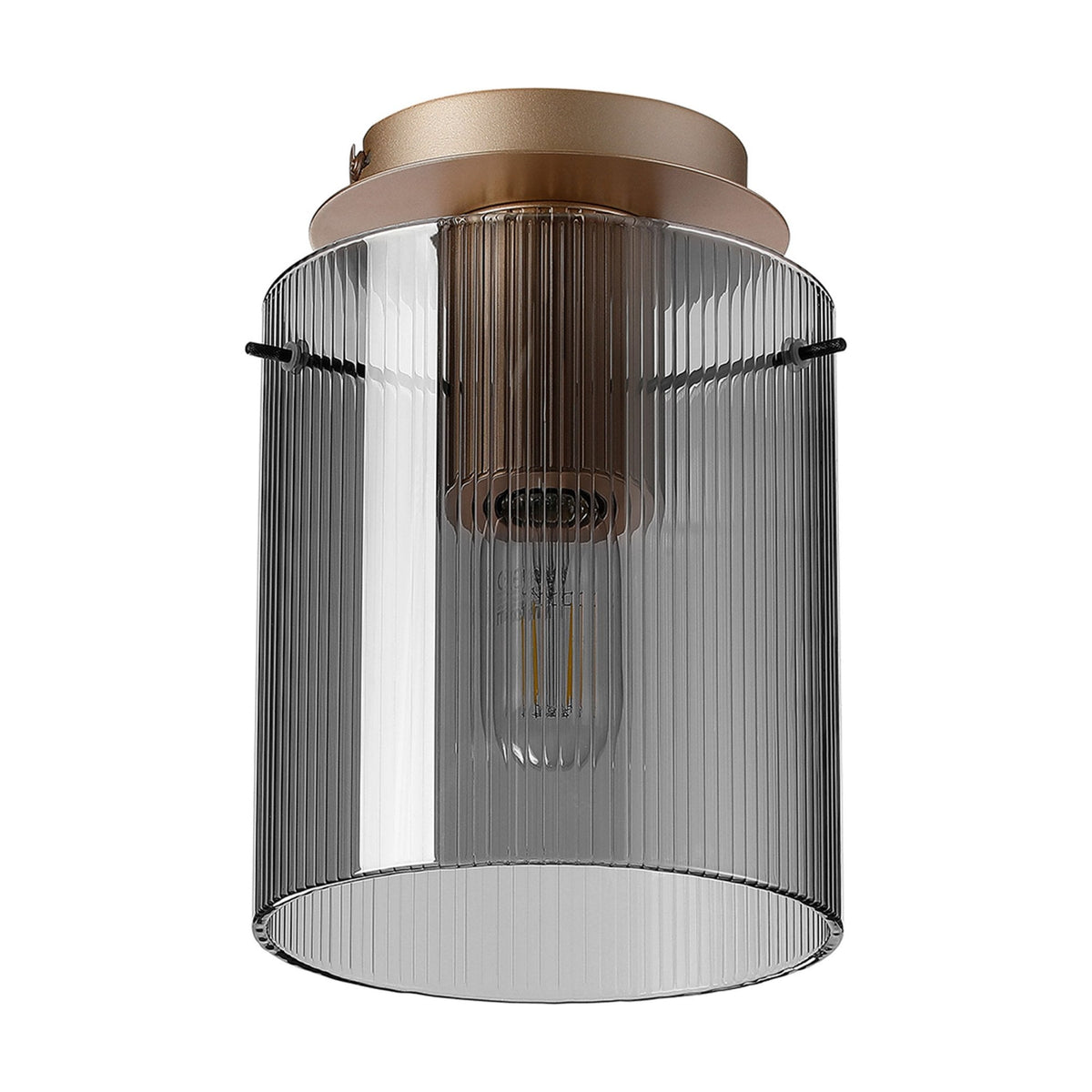 Belstone Fine Ribbed Round Flush Ceiling Light in Light Gold with Smoke Glass