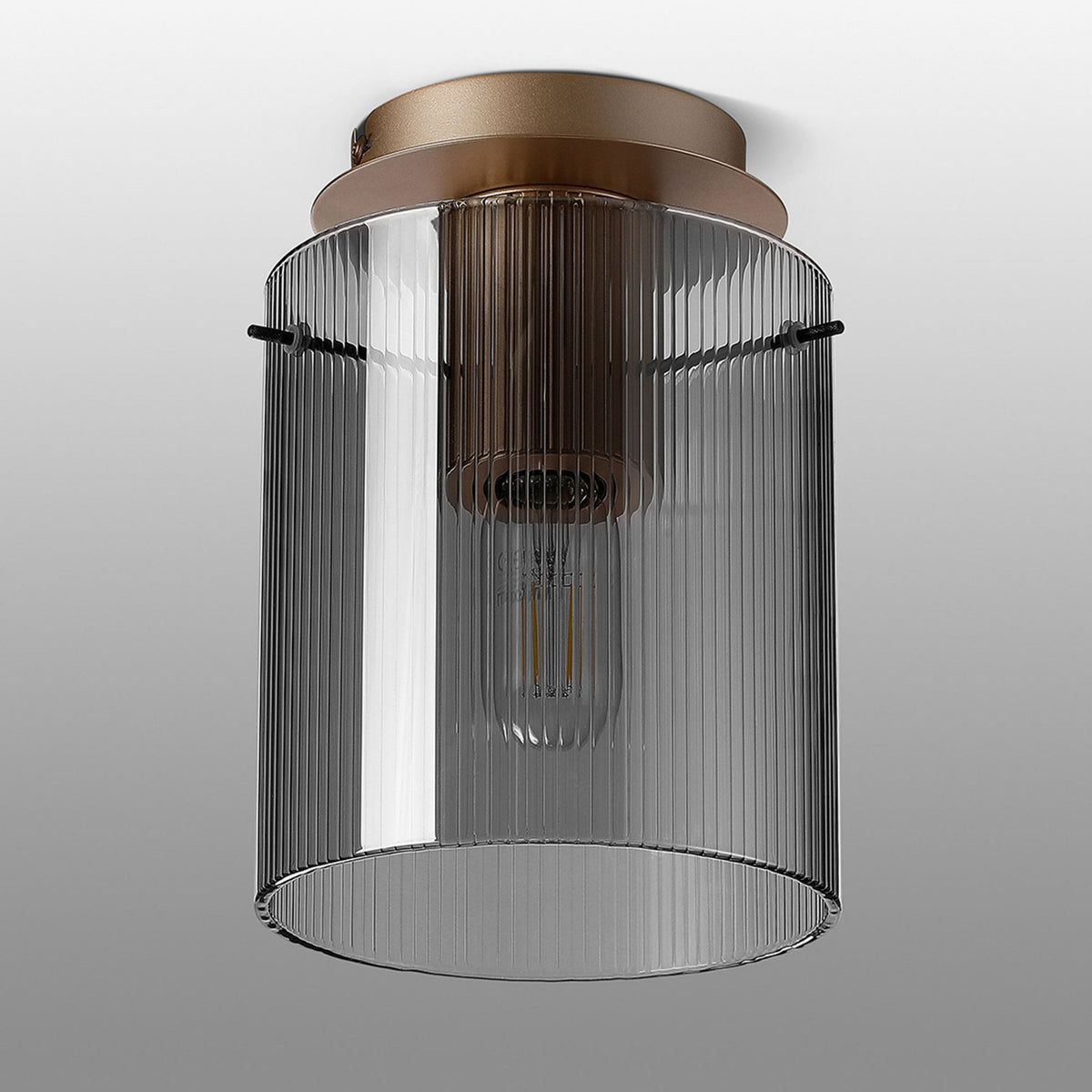 Belstone Fine Ribbed Round Flush Ceiling Light in Light Gold with Smoke Glass