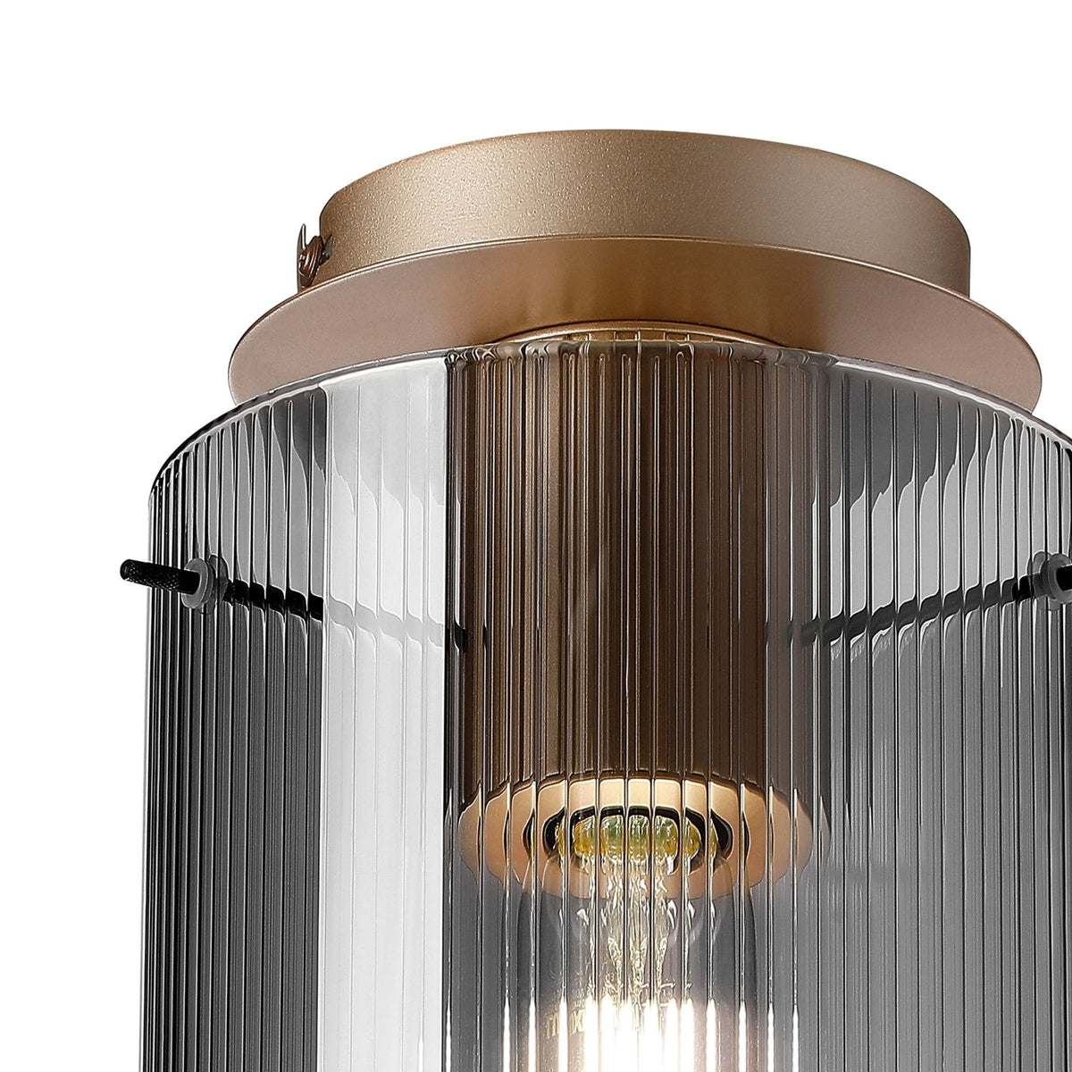 Belstone Fine Ribbed Round Flush Ceiling Light in Light Gold with Smoke Glass