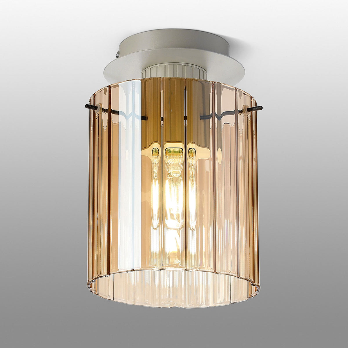 Belstone Wide Ribbed Round Flush Ceiling Light in Beige Stone with Amber Glass