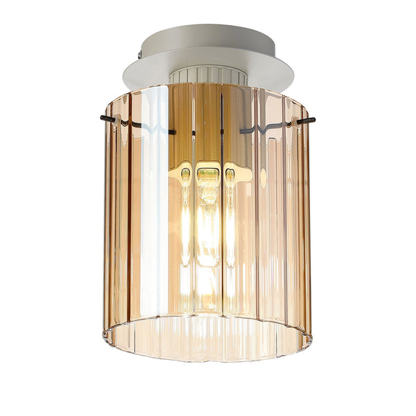 Belstone Wide Ribbed Round Flush Ceiling Light in Beige Stone with Amber Glass