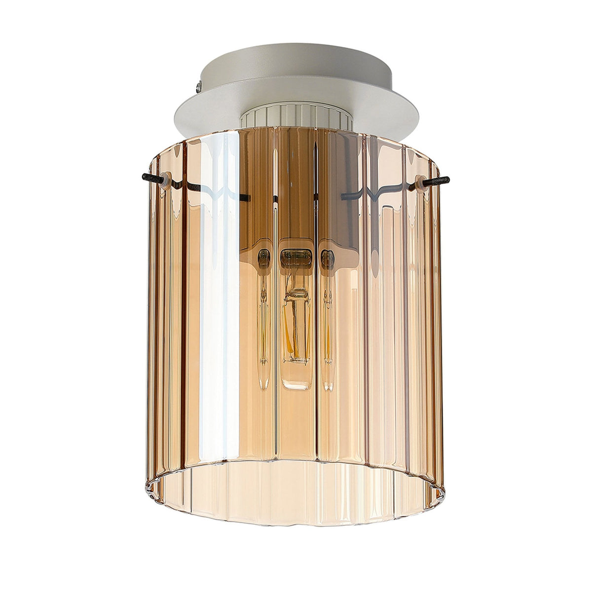Belstone Wide Ribbed Round Flush Ceiling Light in Beige Stone with Amber Glass