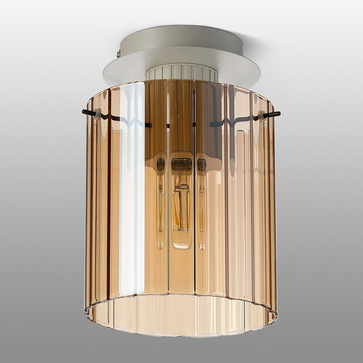 Belstone Wide Ribbed Round Flush Ceiling Light in Beige Stone with Amber Glass