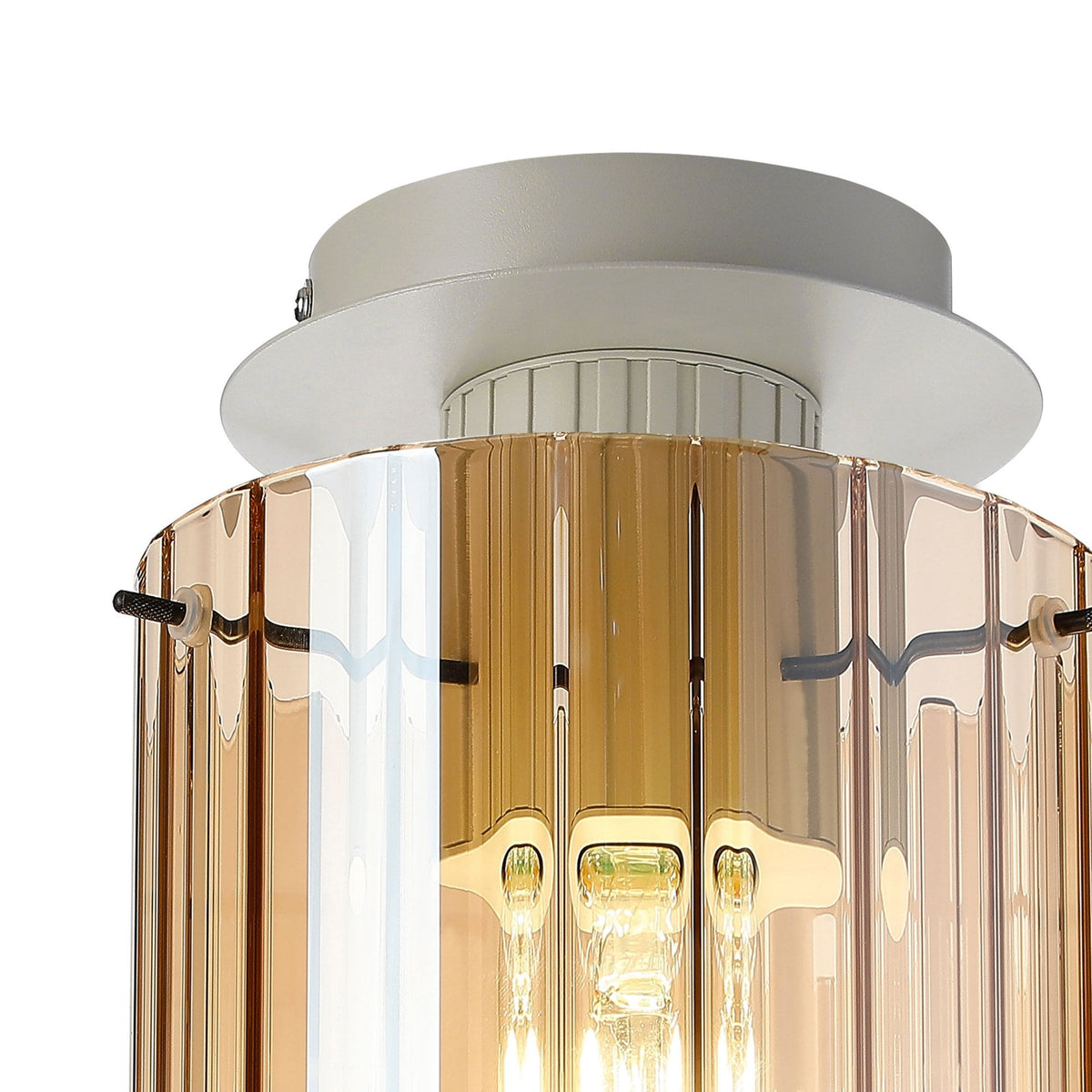 Belstone Wide Ribbed Round Flush Ceiling Light in Beige Stone with Amber Glass