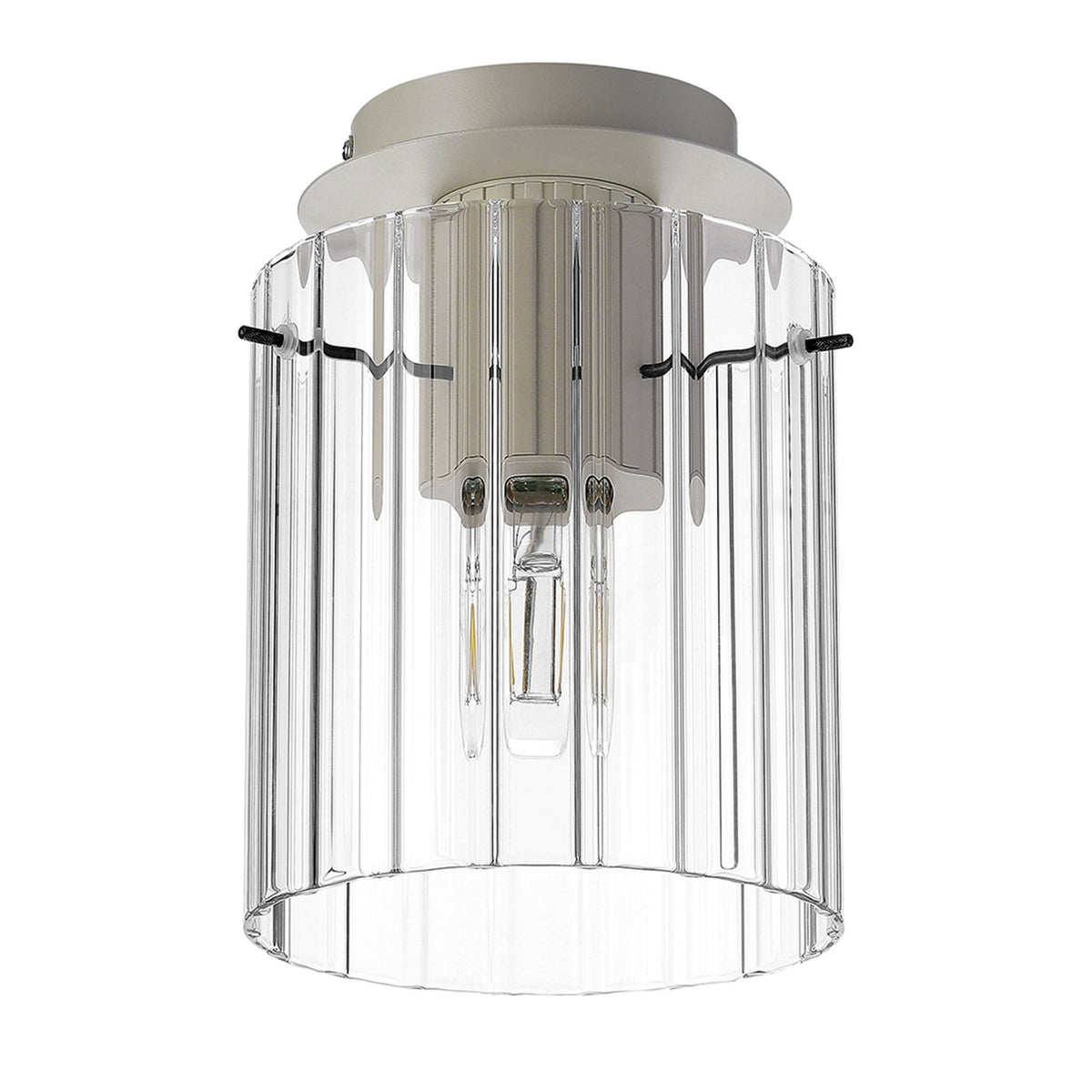Belstone Wide Ribbed Round Flush Ceiling Light in Beige Stone with Clear Glass