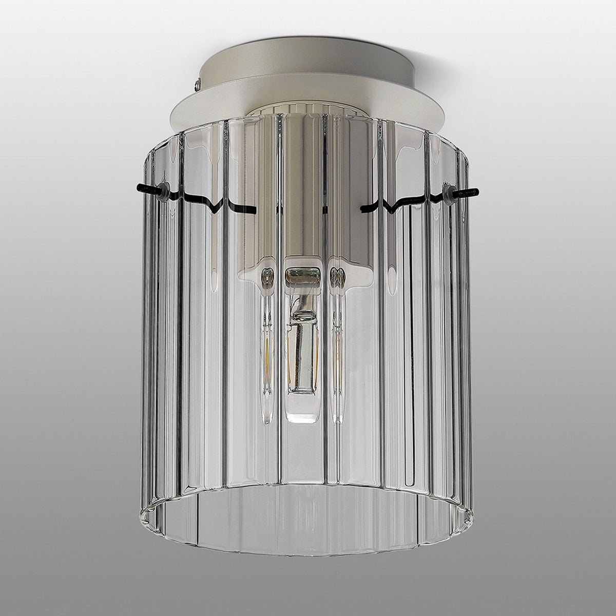 Belstone Wide Ribbed Round Flush Ceiling Light in Beige Stone with Clear Glass