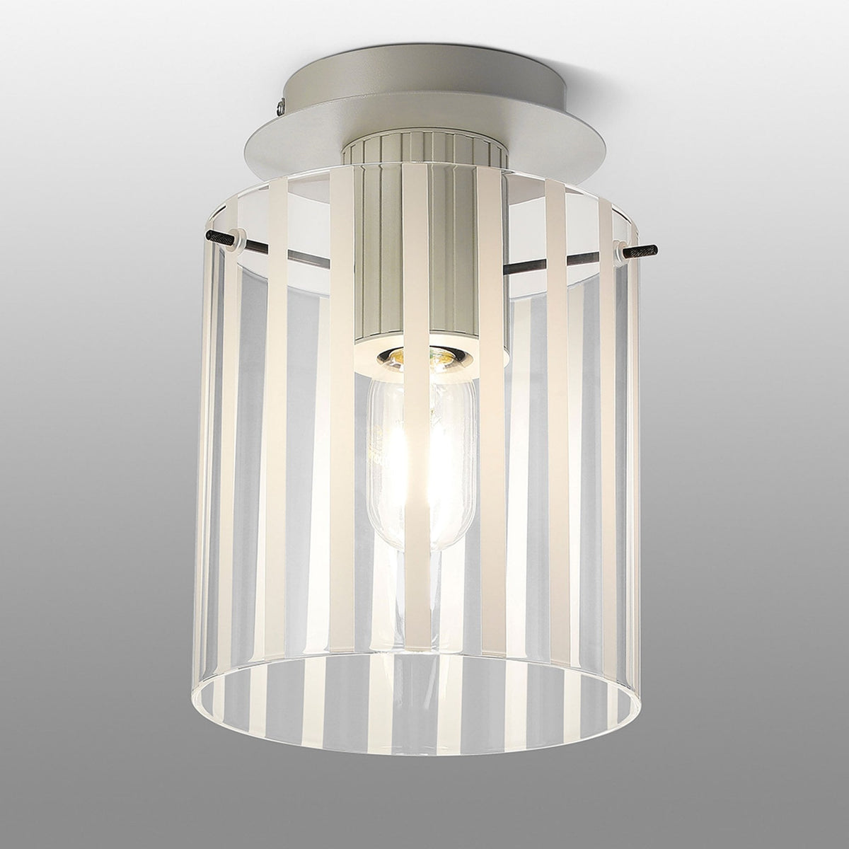 Belstone Wide Ribbed Round Flush Ceiling Light in Beige Stone with Frosted & Clear Glass