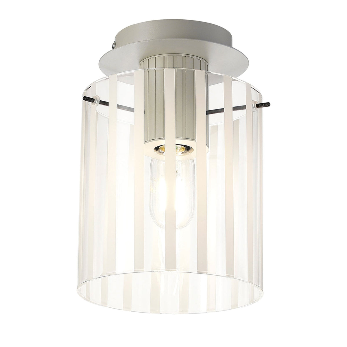 Belstone Wide Ribbed Round Flush Ceiling Light in Beige Stone with Frosted & Clear Glass