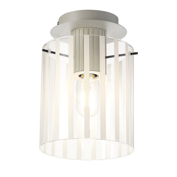 Belstone Wide Ribbed Round Flush Ceiling Light in Beige Stone with Frosted & Clear Glass