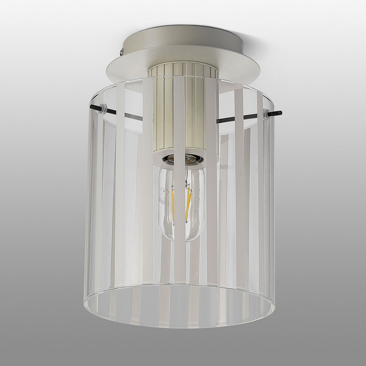 Belstone Wide Ribbed Round Flush Ceiling Light in Beige Stone with Frosted & Clear Glass