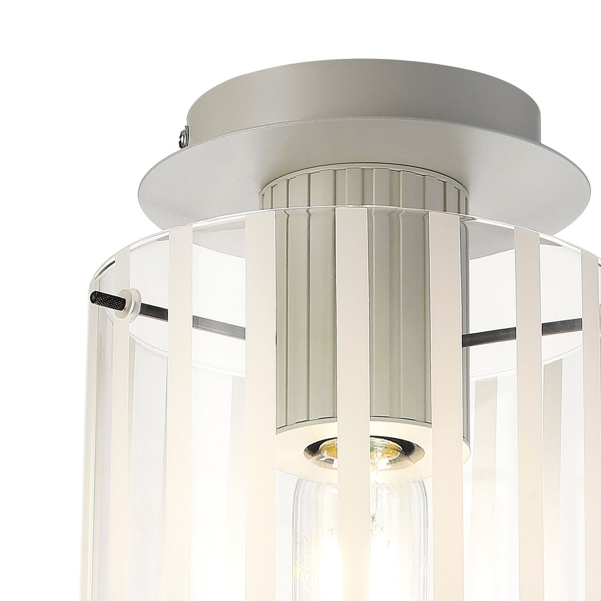 Belstone Wide Ribbed Round Flush Ceiling Light in Beige Stone with Frosted & Clear Glass