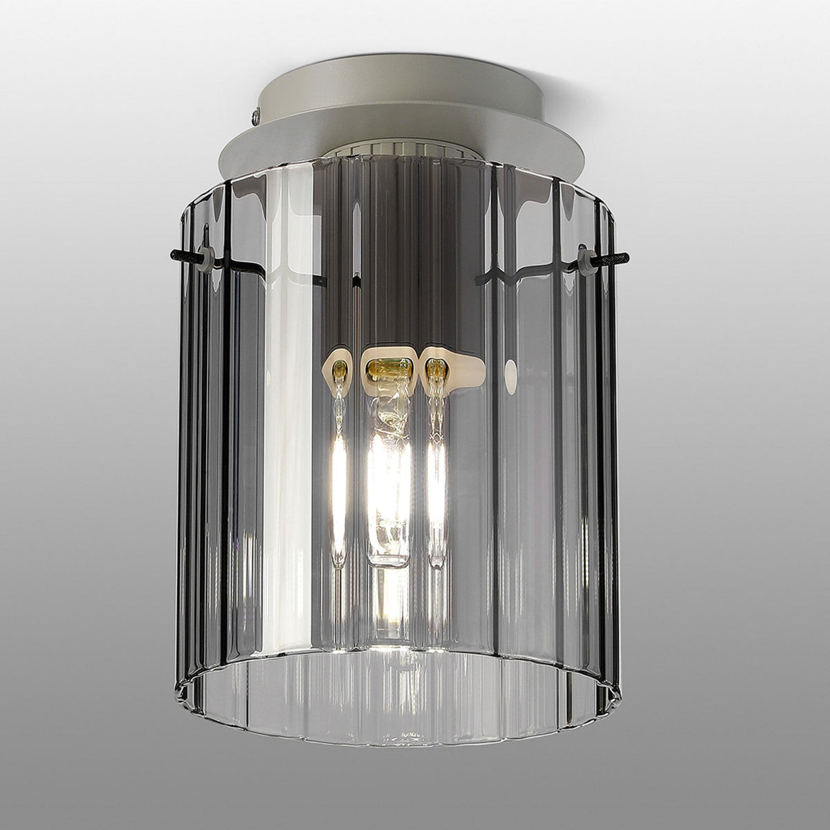 Belstone Wide Ribbed Round Flush Ceiling Light in Beige Stone with Smoke Glass