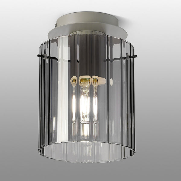 Belstone Wide Ribbed Round Flush Ceiling Light in Beige Stone with Smoke Glass