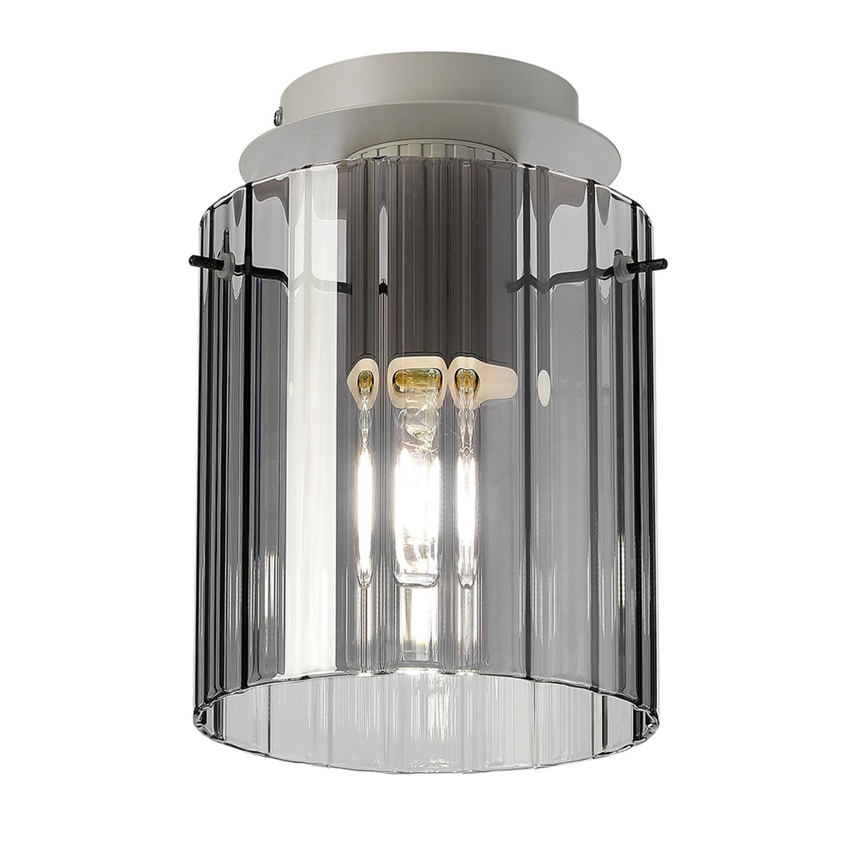 Belstone Wide Ribbed Round Flush Ceiling Light in Beige Stone with Smoke Glass