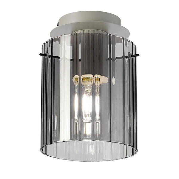 Belstone Wide Ribbed Round Flush Ceiling Light in Beige Stone with Smoke Glass
