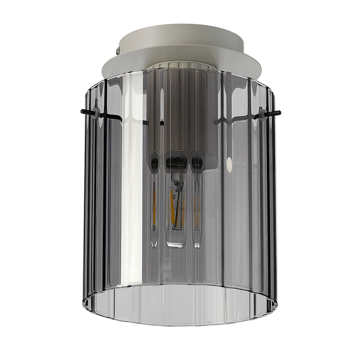 Belstone Wide Ribbed Round Flush Ceiling Light in Beige Stone with Smoke Glass