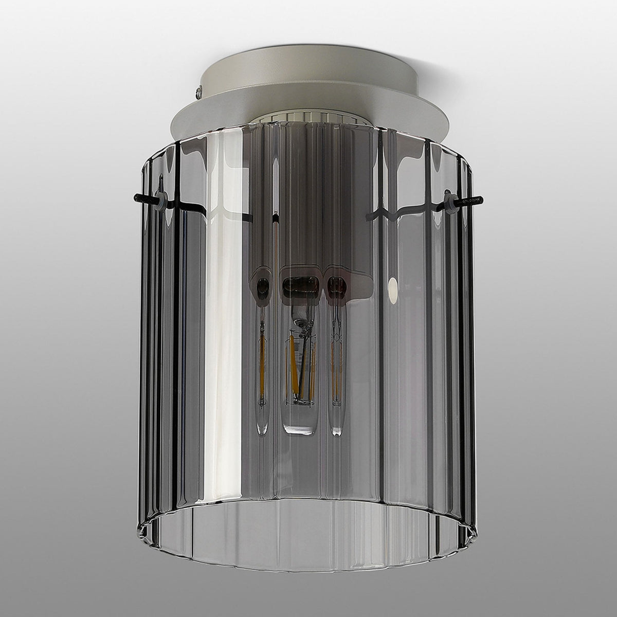 Belstone Wide Ribbed Round Flush Ceiling Light in Beige Stone with Smoke Glass