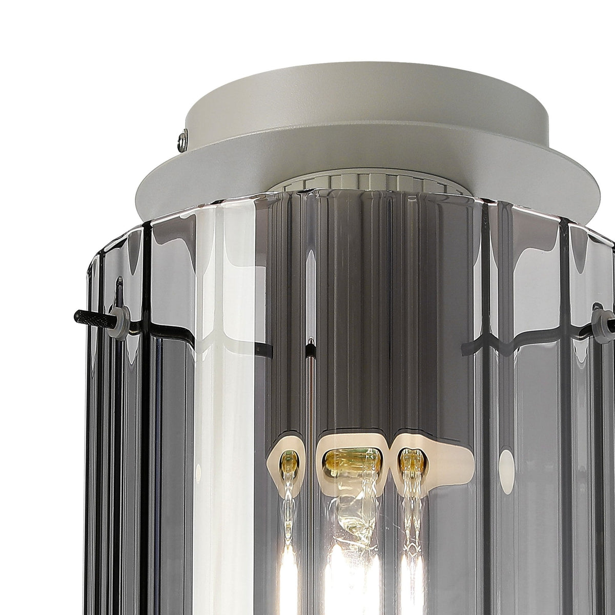 Belstone Wide Ribbed Round Flush Ceiling Light in Beige Stone with Smoke Glass