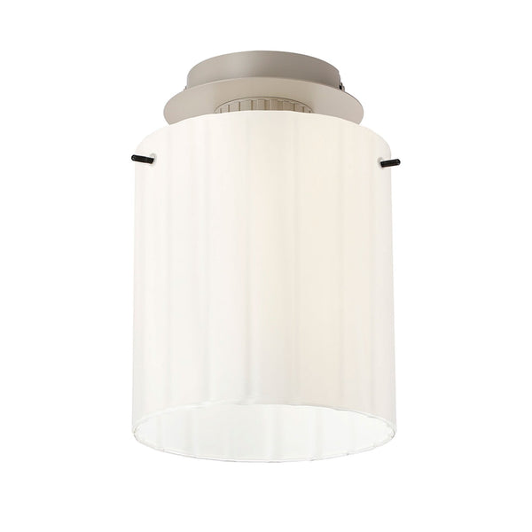 Belstone Wide Ribbed Round Flush Ceiling Light in Beige Stone with Gloss White Glass